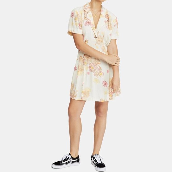 Free People Hawaii Viscose Retro Floral Collared Short Sleeve Mini Dress - M - Picture 14 of 16